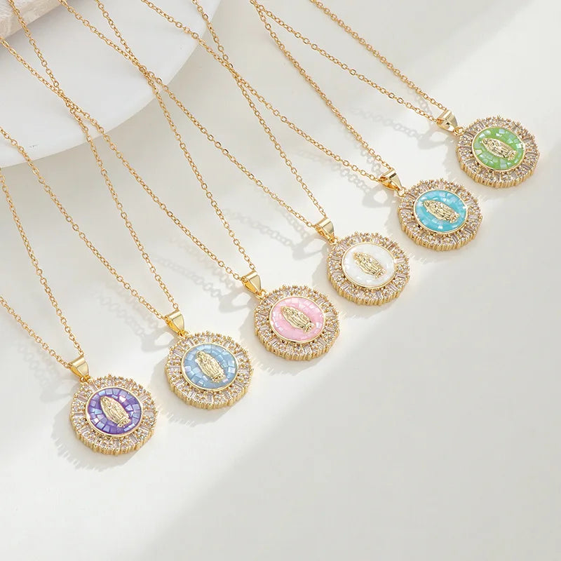 Hot Selling Summer Multicolor Dripping Oil Necklace Delicate Virgin Mary Pendant With O Letter Necklace to My Daughter