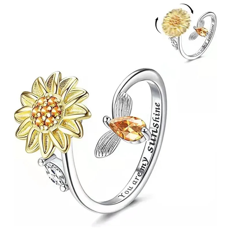 Wholesale Hot Selling Fashion Adjustable Cute Sunflower Bee Bead Rotating Diamond Ringfor Womengirl and Gift