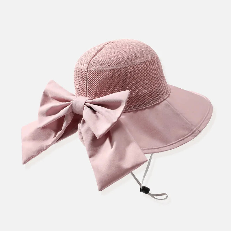 Custom logo Big Bow Design Outdoor Traveling Mesh Breathable Wide Brim Women Fisherman Beach Sun Bucket Hat