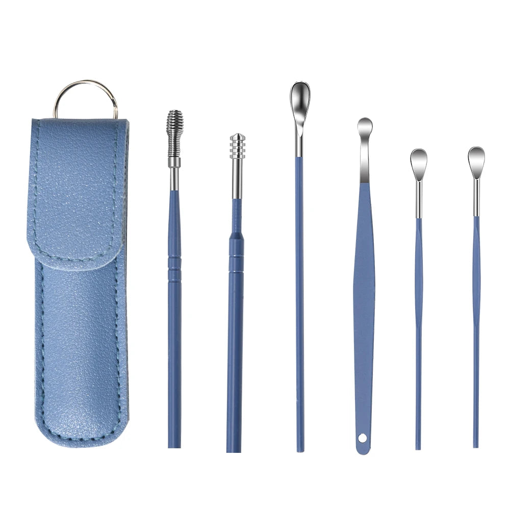 Professional Colorful Spring Portable Earpick Removal Spoon Kit Stainless Steel Cleaning Earwax Cleaner Tool Set 6-in-1 for Ear