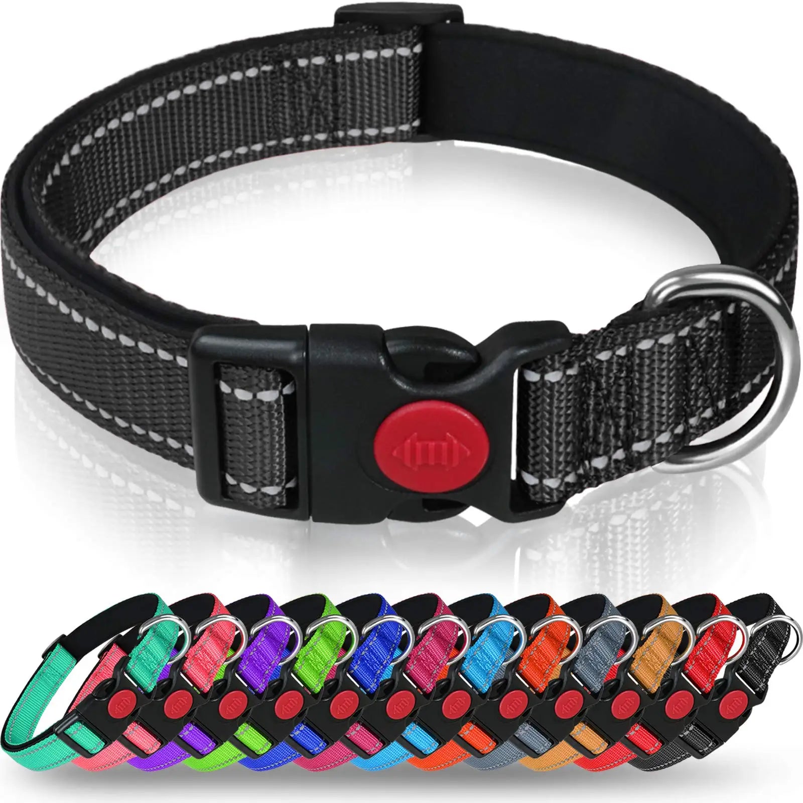 Adjustable 12 Solid Colors Reflective Nylon Dog Collar Breathable Soft Neoprene Padded Safety Locking Buckle Durable Alloy