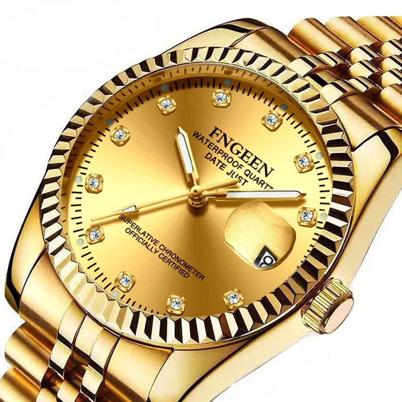 FNGEEN 3301 Men Top New Luxury Business Couple Watch Waterproof High-end Crystal Gold Watch Men Quartz Wristwatches