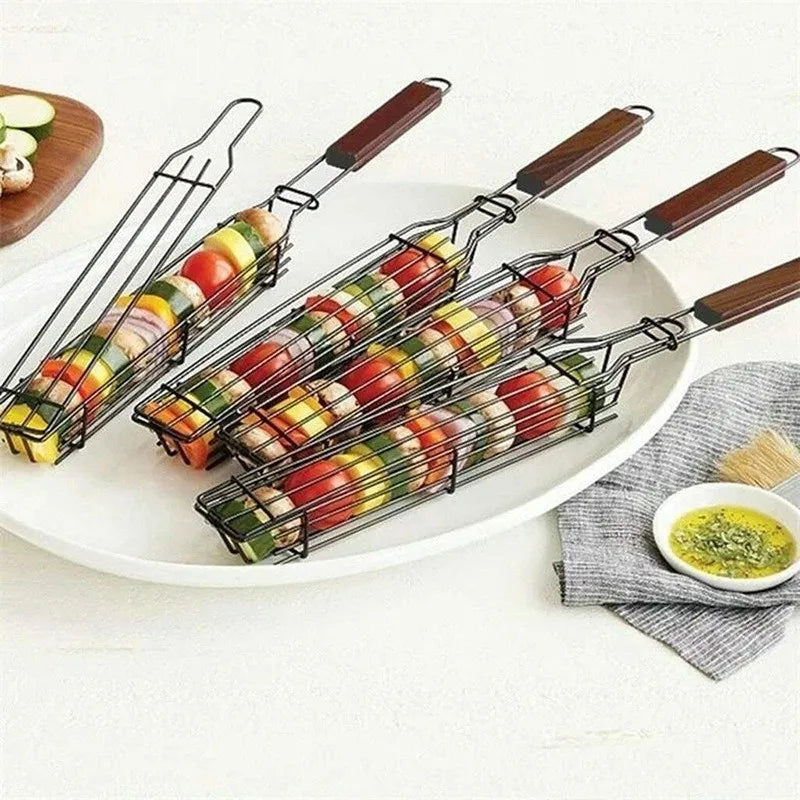 Portable Stainless Steel BBQ Grilling Basket Reusable Anti-Corrosion Wooden Handle Barbecue Grill Baskets
