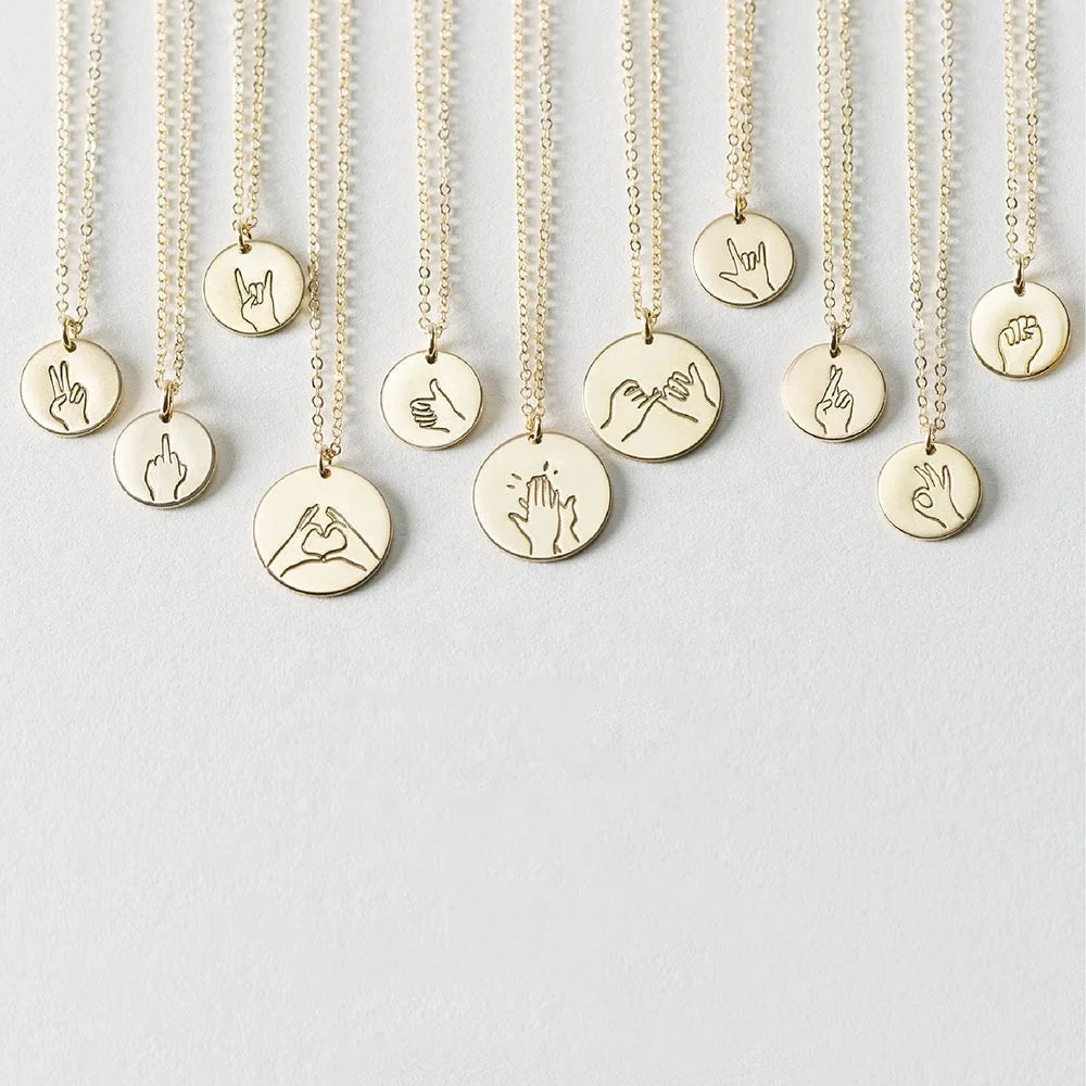 Stainless Steel 18K Gold Filled Disc Carved Gesture Necklace Pendant DIY Fun logo Necklace Blank Wholesale
