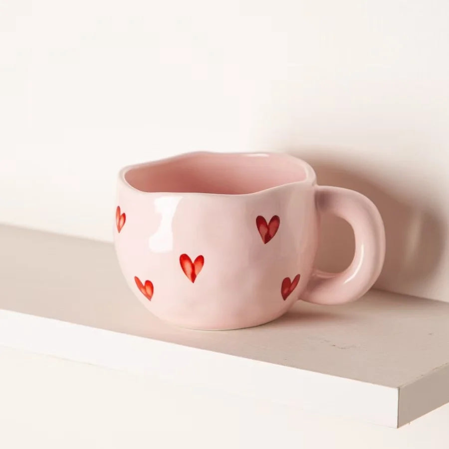 Creative Love Heart Pink Porcelain Mug Cute Ceramic Tea Cup for Water Coffee Milk for Home Couple Valentines Day Christmas Party