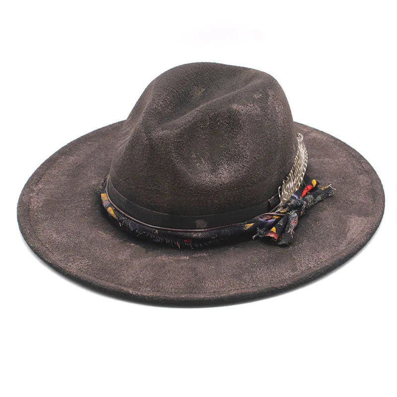 2025 New Design Ethnic Style Fedora Hat Distressed Ribbon Wool Outdoor Fashion for Party Casual Sports