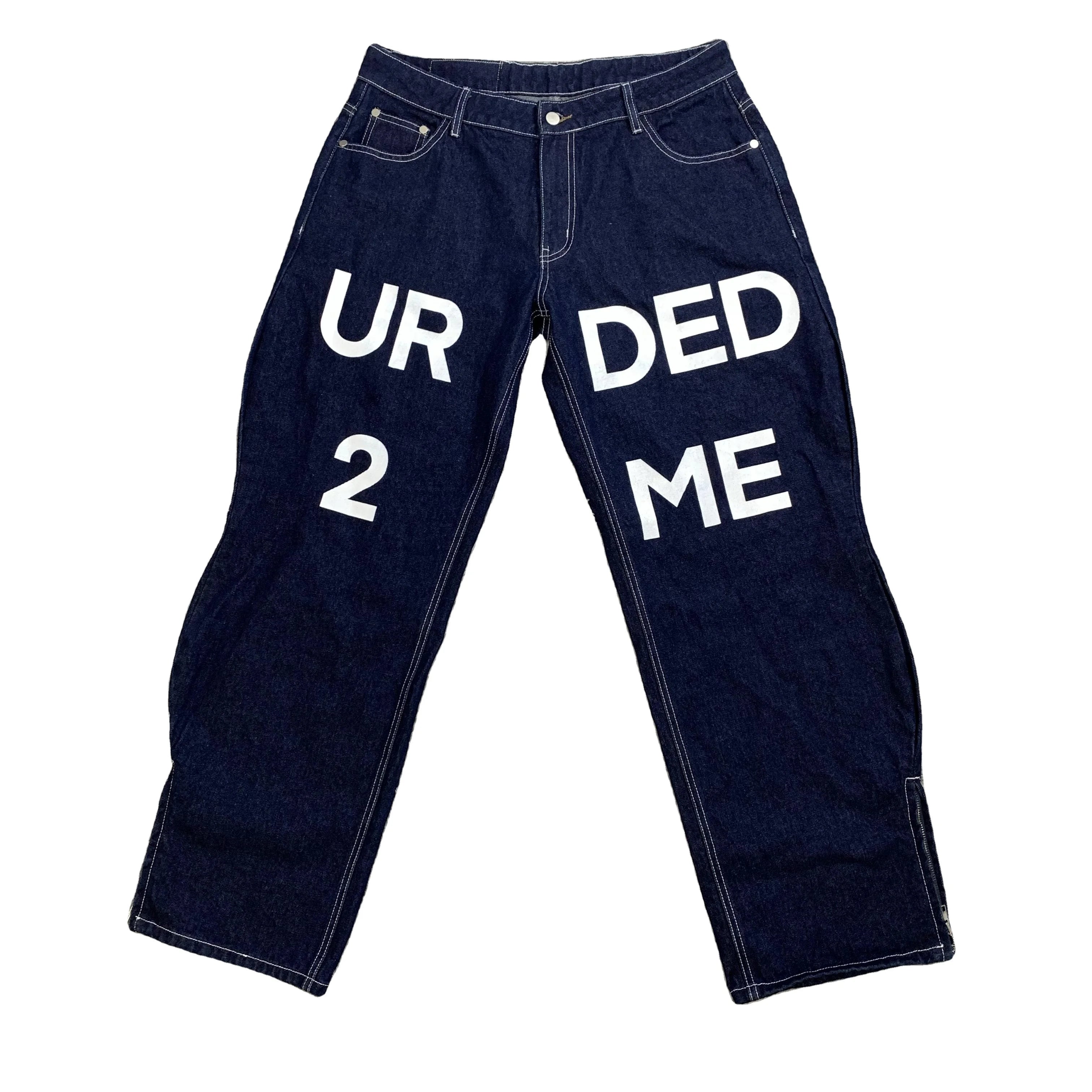 DENIMGUYS Mens Letter Screen Print Denim Baggy Pants Men Side Irregular Streetwear Hip Hop Jeans for Man