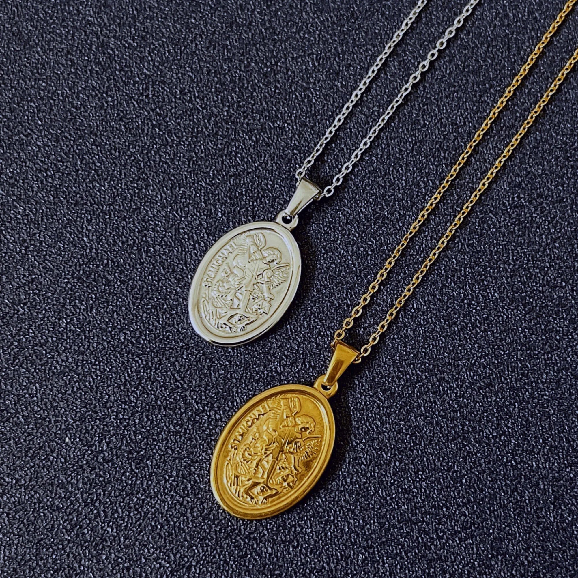 Religious Jewelry Oval Saint Michael the Archangel Medal Necklace Catholic 316l Stainless Steel Hamsa Hand Pendant Gold Necklace