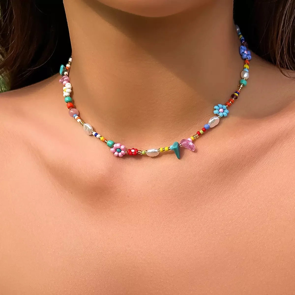 Boho Colorful Pearl and Seed Beads Flower Choker Necklace for Women Fashion Stainless Steel Adjustable Chain Jewelry Accessories