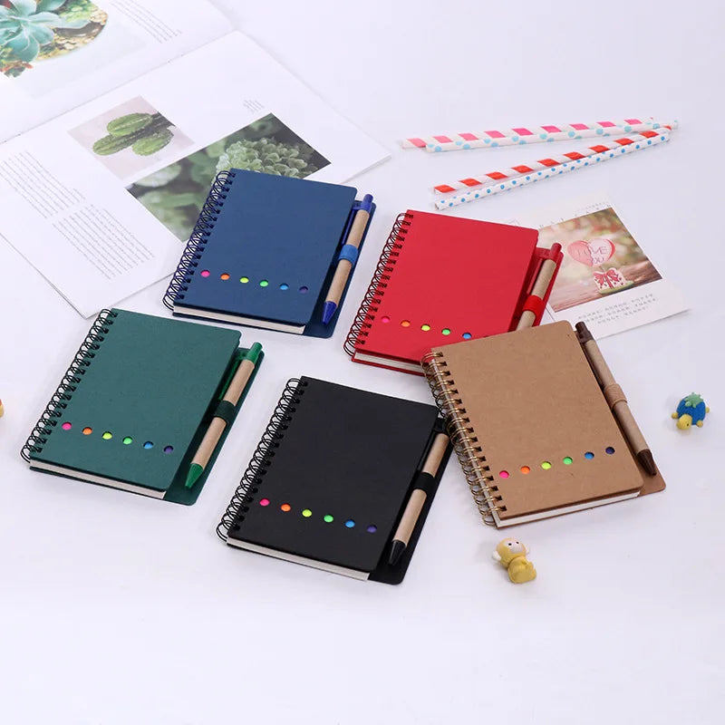 MINI Eco-Friendly Kraft Paper Spiral Notebook Set 60-Page Customizable Printed Style Gifted with Pen and Memo Pad