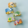 Europe Hot Selling Punk 18K Gold Plated Blue and White Rings Hip Hop Colorful Oil Drop Flower Shape Open Rings Jewelry