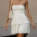 Enyami Women Summer Clothing Strapless Fit Fashion White Casual Dresses Pleated Tube Top Puff Cinched Wrapped Short Dress