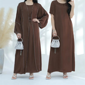 2 Piece Abaya Set Islamic Clothing Dubai EID Ramadan Muslim Woman Kimono Inner Dress Slip Soft Crepe Abaya Set