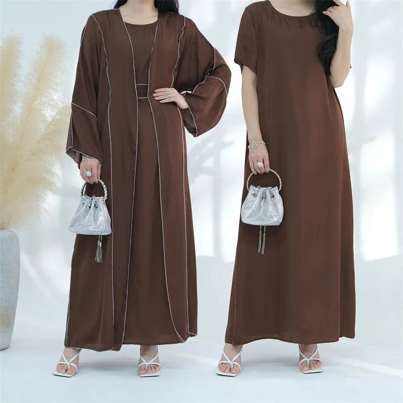 2 Piece Abaya Set Islamic Clothing Dubai EID Ramadan Muslim Woman Kimono Inner Dress Slip Soft Crepe Abaya Set