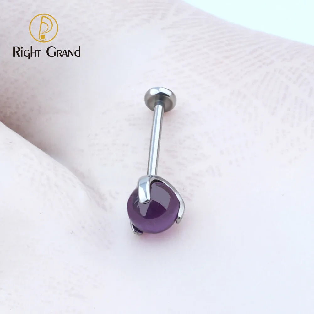 ASTM F136 Titanium Amethyst Threadless Push Pin Stud Tragus Titanium Labret Piercing