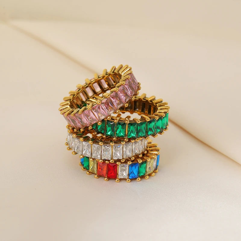 High End AAA Zirconia Pave Trendy Non Tarnish Baguette 18k Gold Plated Stainless Steel Waterproof Rings Gold Jewelry