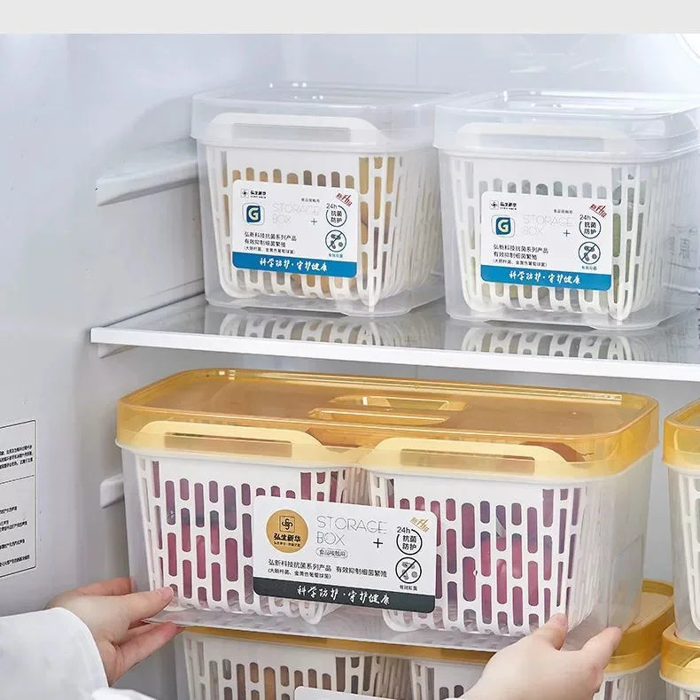 OWNSWING Fresh Food Storage Containers for Fridge Vegetable Containers for Fruit Plastic Food Container with Drain Baskets