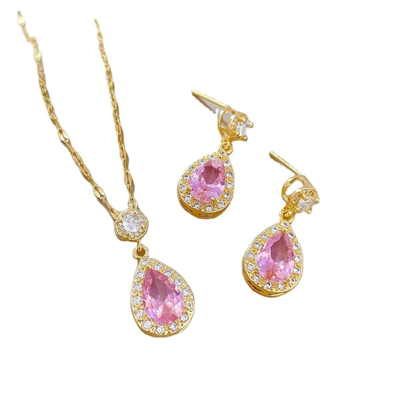 Wholesale Fashion Luxury Brass Gold Plated Full Zircon Micro Setting Earrings Necklace Jewelry Set for Women