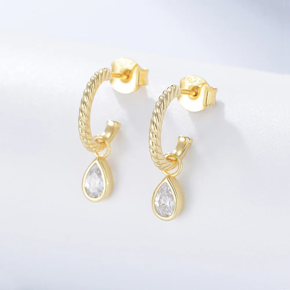 925 Sterling Silver Earrings C Shape Hook Water Drop Zircon Pendant Gold Plated Hoop Stud Earrings for Women 925 Earrings