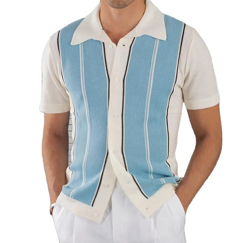 Summer Men's Slim Polo Collar Short-Sleeved Cardigan New European and American Style Knitted with Button Decoration