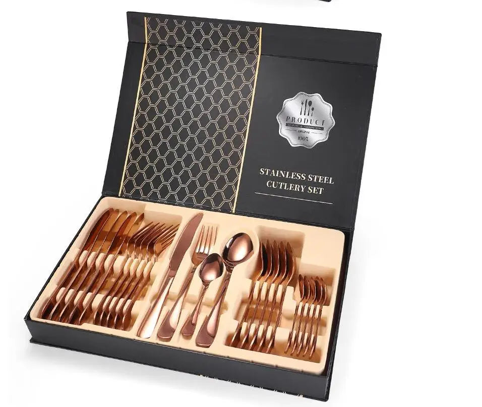 Luxury Silverware Stainless Steel Flatware 24pcs Cutlery Set Copper Cutlery With Case
