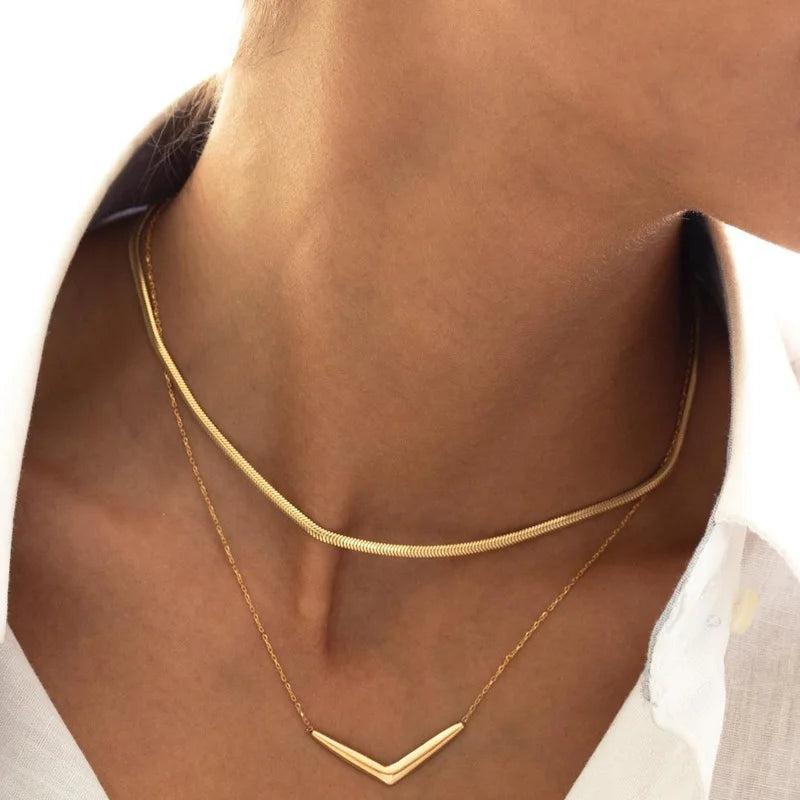 New Design Gold Color Snake Bone Chain V Shape Multilayer Necklace