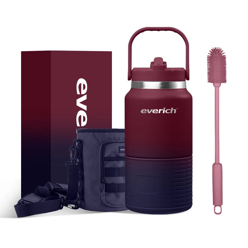 Everich Outdoor Insulated Water Bottle with Silicone Bumper Double Wall 304 Stainless Steel Beer Growler with PP Handle Straw Li