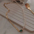 Manufacturer's Hot Sale 18K Gold Plated Emerald Jade 6-7mm Rice-Shaped Freshwater Pearl Necklace June Zodiac Stone Necklace
