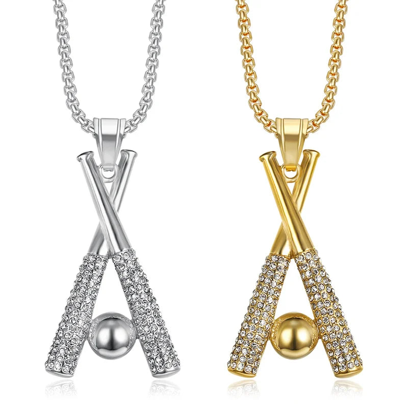 Fashion Stainless Steel Baseball Pendant Chain for Men Women Hip Hop Full Zircon Necklace Rock Punk Rap Singer Jewelry