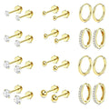 Stainless Steel Sensitive Hypoallergenic Gold Silver Plated Zircon Earrings Flat Back Stud Hoop Cartilage Earring Set