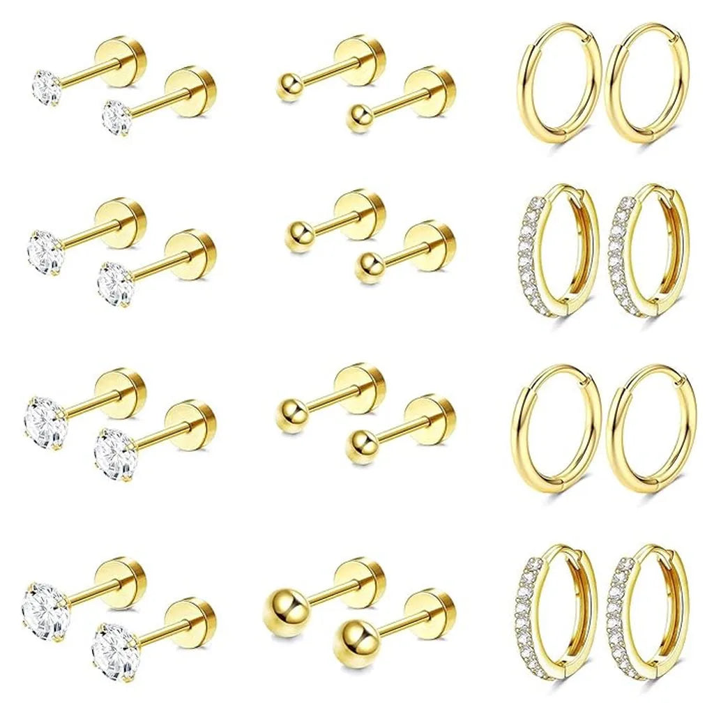Stainless Steel Sensitive Hypoallergenic Gold Silver Plated Zircon Earrings Flat Back Stud Hoop Cartilage Earring Set