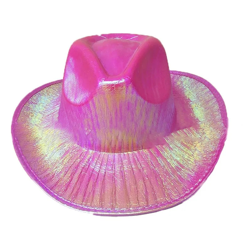 Neon Sparkly Glitter Space Cowboy Hat Fun Metallic Holographic Party Disco Dress up Cowboy Hat Pink Glitter