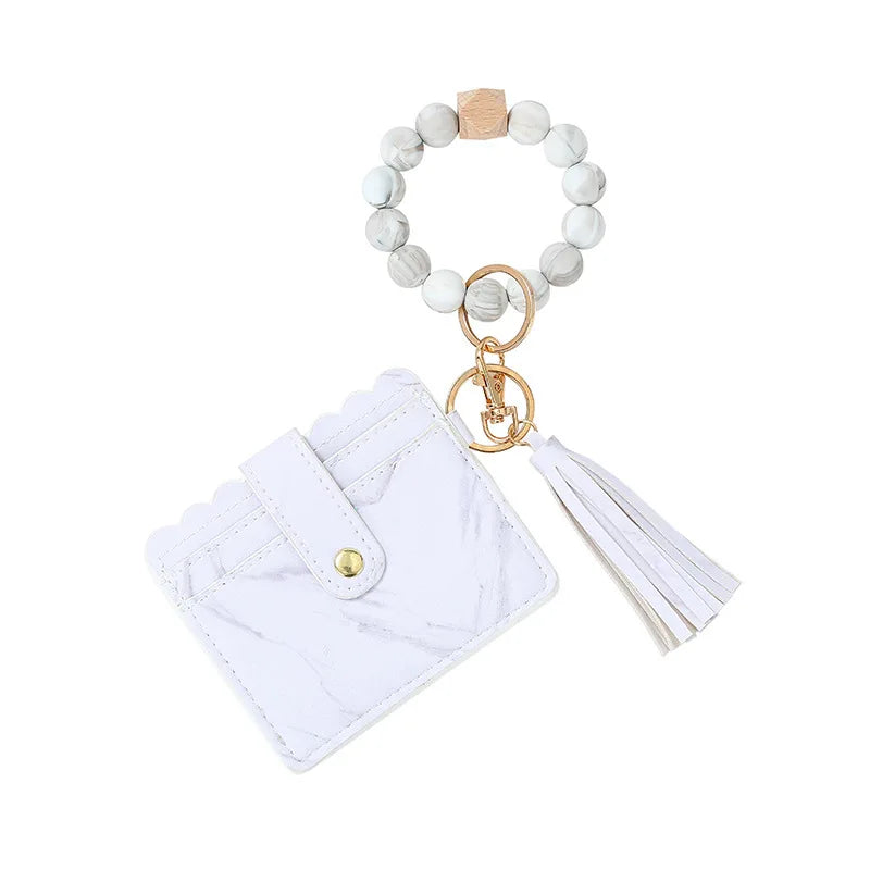 Silicone Bead Wristlet Keychain Leopard Beads Bracelet Tassel Wallet Pu Leather Car Bangle Key Ring Credit Card Holder Keychain