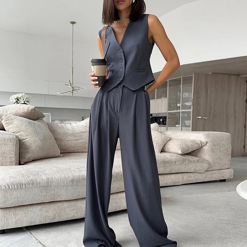 Wholesale of 2026 Spring New V-neck Sleeveless Vest With Hanging Wide Leg Pants for Leisure Women's Set