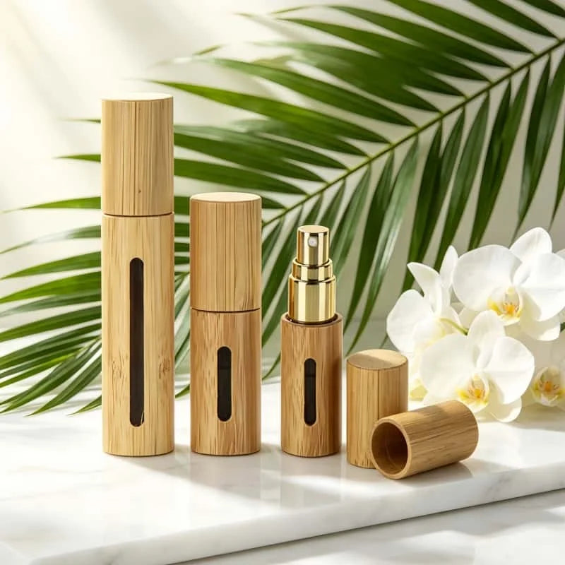 Wholesale Customized Empty 3ml 5ml 10ml Nature Bamboo Glass Perfume Oil Spray Bottle Bamboo Cap for Skin Care Serum Pump Sprayer