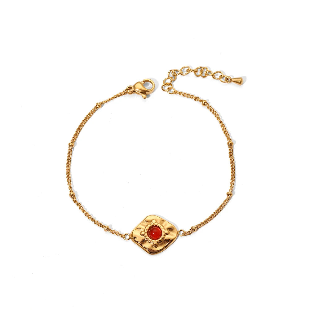 Vintage Custom Jewelry Stainless Steel Natural Stones Red Square Charms Pendant Link Chain Bracelet for Lady
