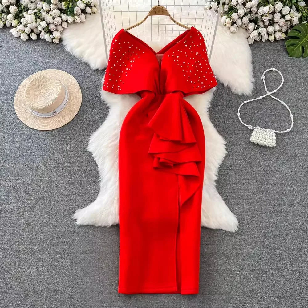S-XL Light Luxury Style Dress High End Banquet studded V-neck Waist Wrap Buttocks Dress