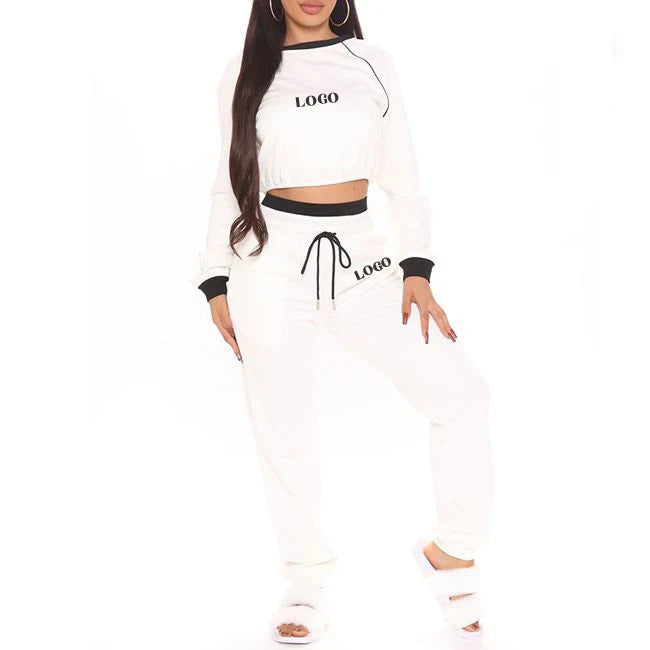 L230589 Factory Custom Street Style Sports Set White Women's Crop Hoodie & Sweatpants Joggers Two Pieces Hoodies Set