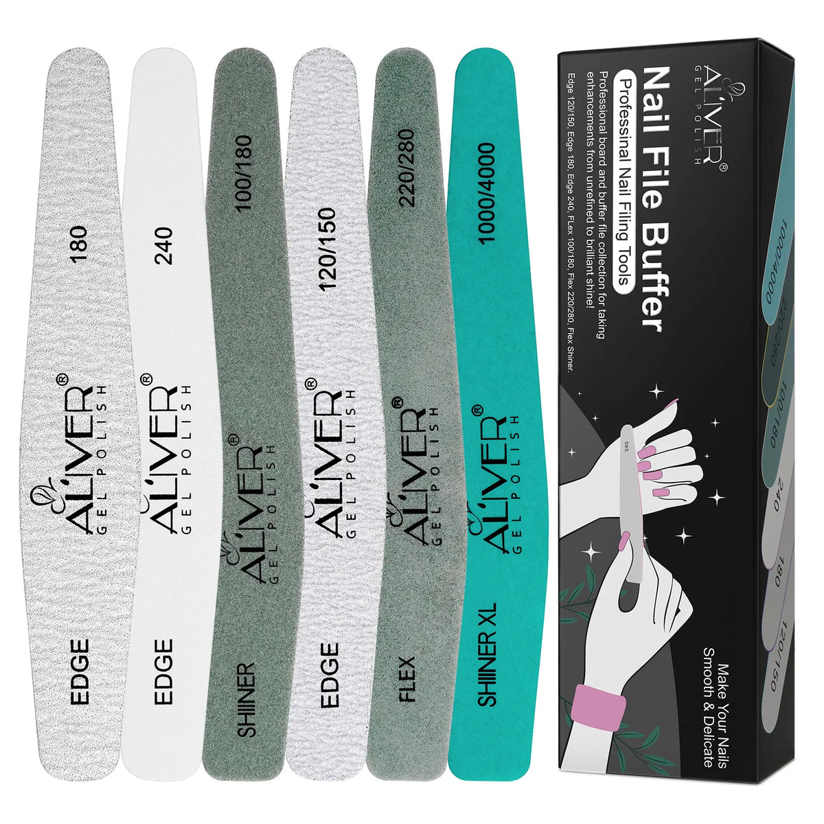 ALIVER Wholesale Sandpaper Lime Professional Nail File Buffer 80/100/150/180/240 Double-Sided Custom Logo Top Zebra Nail File MegaBDM