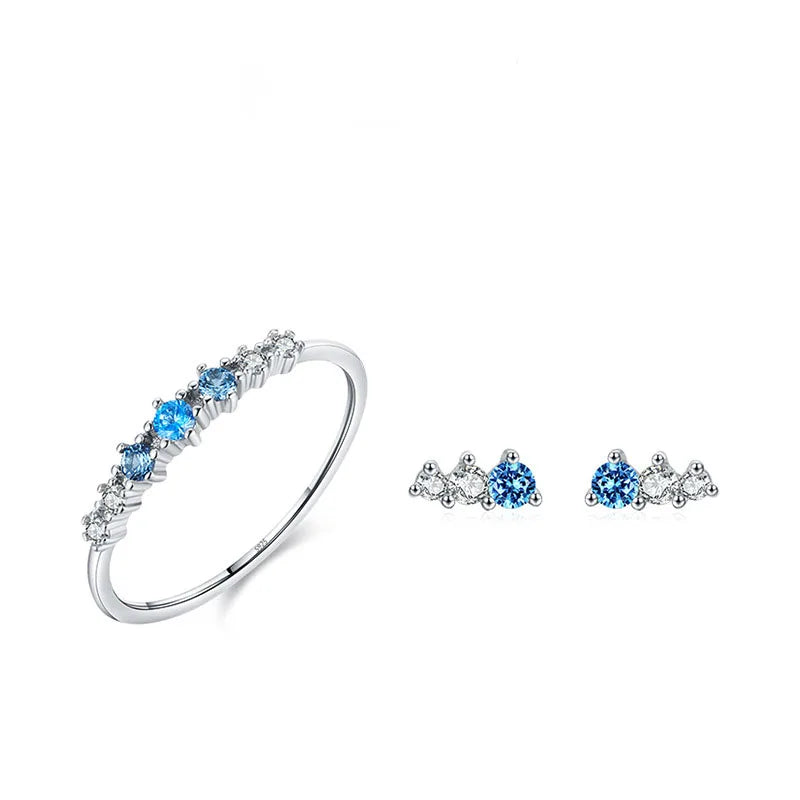 Ready to Ship Exquisite Sapphire Set High Jewelry 925 Sterling Silver Cubic Zirconia Thin Ring and Earrings Two-piece Set