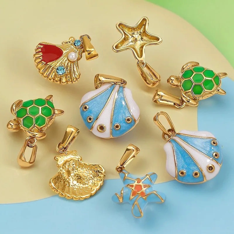 2025 Summer Beach Style Ocean Stainless Steel Enamel Ginkgo Leaf Shell Starfish Turtle Pendant for Necklace Jewelry Making