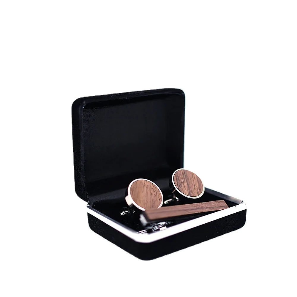 Striped Walnut Brass Solid Wood Tie Clip French Cufflink Gift Box Set