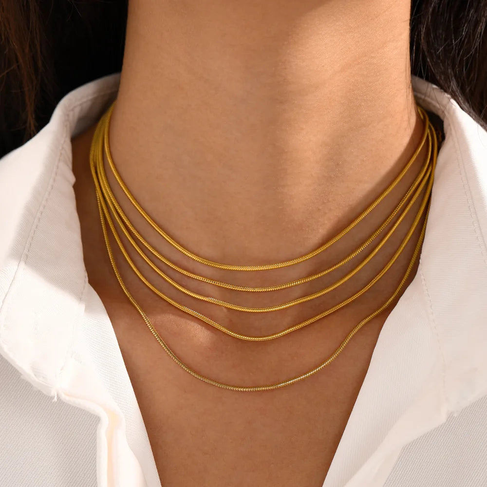 Women Minimalist Stackable 1MM Thin Round Snake Chain Choker Necklace Real 18k Gold Plated Snake Chain Necklace and Stainless