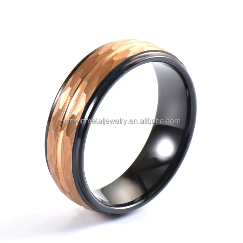 8mm Hammered Black Rose Gold Tungsten Carbide Wedding Band Classic Engagement Anniversary Rings for Men and Women for Parties
