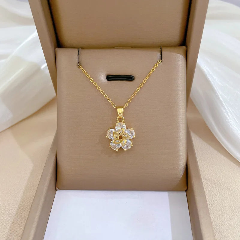 Shining 18k Gold Plated Rotating Dainty Flower Pendant Necklace Jewelry Stainless Steel Diamond Flower Necklace for Women