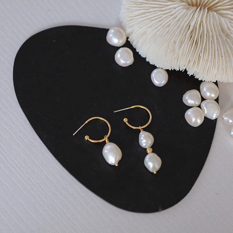 Natural Freshwater Baroque Pearl Earrings 18K Gold-Plated Asymmetrical C-Shaped Jewelry for Women