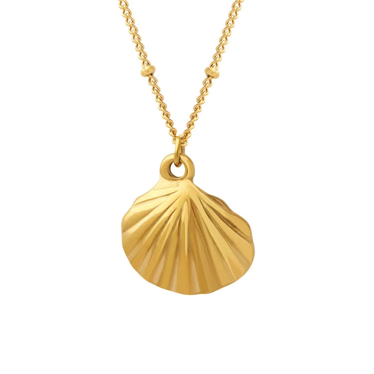 Ladies Girls Tarnish Free Waterproof Indelible Gold Plated Link Chain Scallops Pendant Stainless Steel Necklace