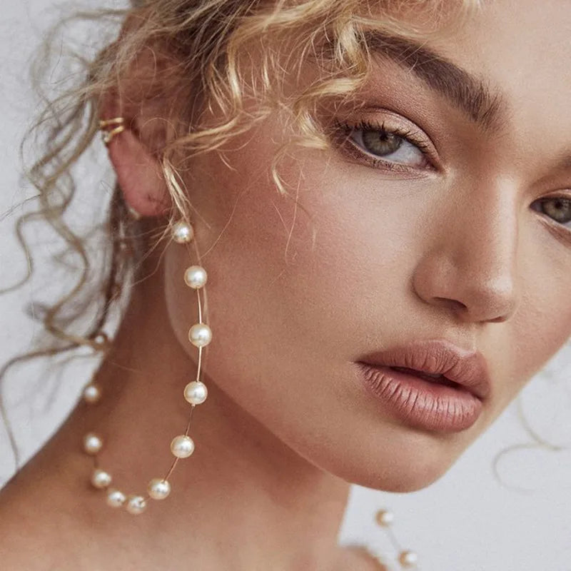 New Style White Pearl Round Circle Hoop Earrings Women Large Size Earrings Pearl Earring for Women