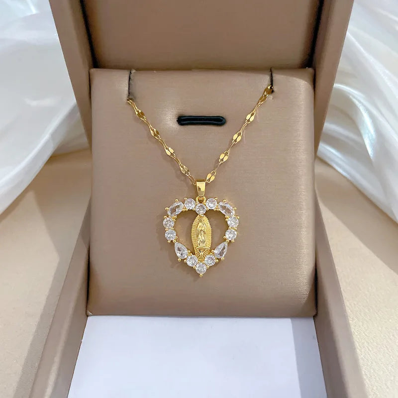 18K Gold Plated Inlaid Cubic Zirconia Heart Virgin Mary Religious Pendant Necklaces Choker Exquisite Jewelry Collarbone Chain