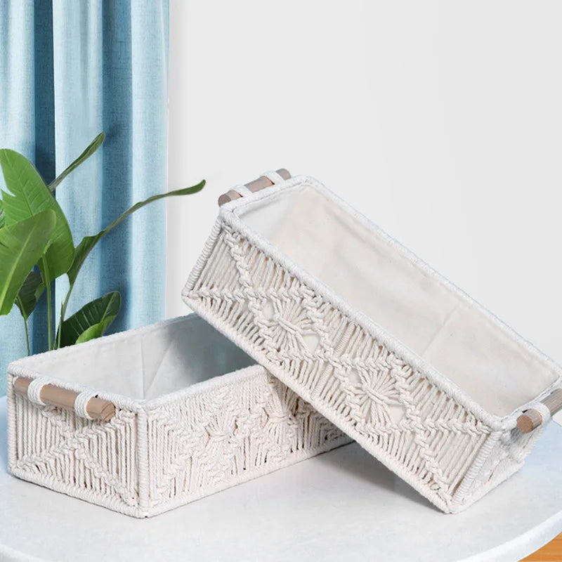 Home Boho Decor Cotton Rope Macrame Storage Box for Table